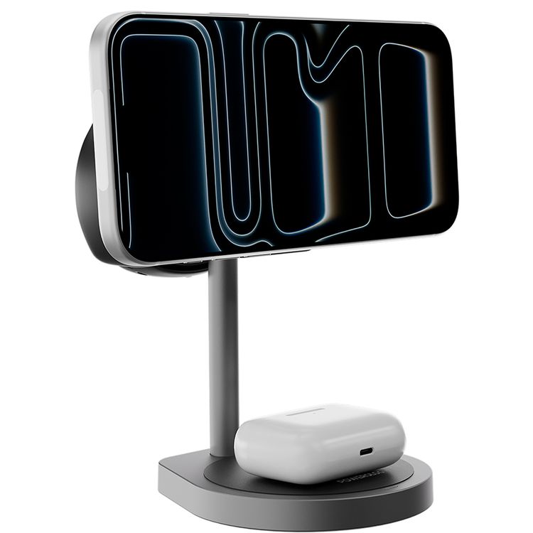 Powerology Eifel 3-in-1 Wireless Charger with Stable and Secure Hold, Energy-Efficient Design, Charging and Data Sync Cable, Strong Magnetic Hold, Built-in Safeguards, Multi-Device Charging, ≤4 mm Transmission Distance, 1m USB-C to USB-C Cable Included, Fast Charge - Gray