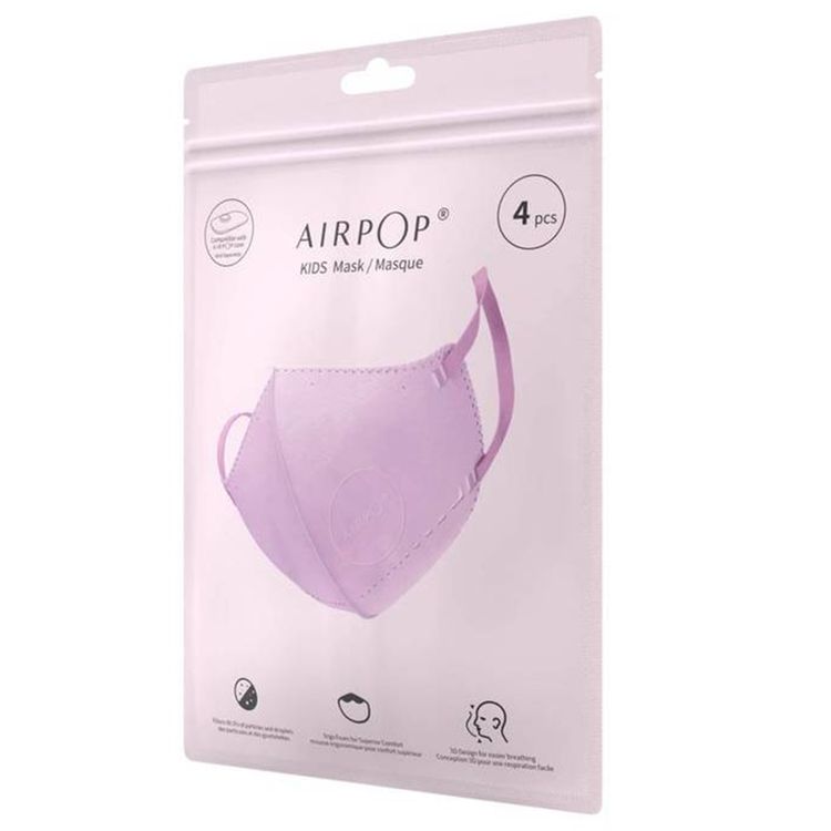 Airpop Pocket Reusable Kids Face Mask with 4 Pieces per Pack, 4-Layer Filter Face Covering, Up to 40 Hours of Wearability, 3D Structure, Soft Ergonomic Foam Seal, 99.3% Particle Filtration & 99.9% Bacterial Filtration - Pink