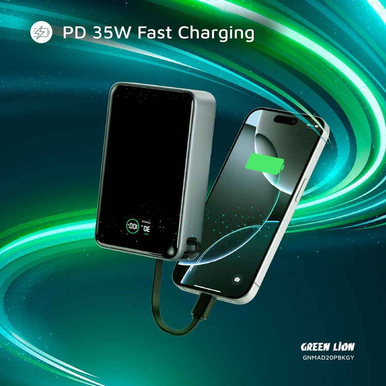 Green Lion Madrid 20 Power Bank 20000mAh with Built-in 20cm Type-C Cable, 35W Power Delivery, Real-Time Digital Display, 22.5W USB-A Output, Trickle Charging Mode, Safe Charging - Gray