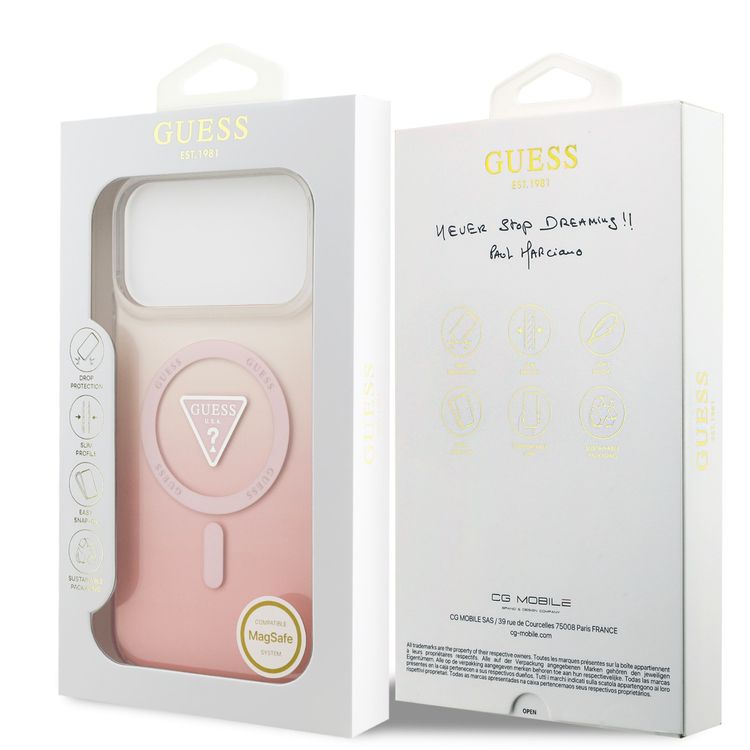 غطاء ماج سيف بتصميم تدرج الألوان مع شعار مثلث مطبوع لهاتف آيفون 17 برو ماكس، ملف نحيف، حماية من الصدمات، تصميم خفيف الوزن، قبضة مريحة، تغليف مستدام، سهل التركيب - وردي