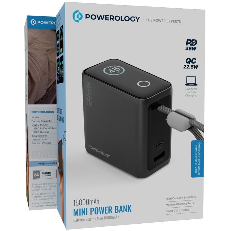 بنك الطاقة المصغر من Powerology بسعة 15000 مللي أمبير مع منافذ شحن متعددة، توافق عالمي، ميزات أمان متقدمة، شاشة تي إف تي ذكية، كابل USB-C مدمج - أسود