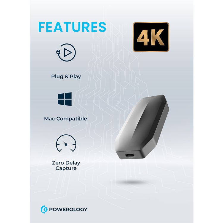 Powerology Audio & Video 4K Capture Card Multi Device Broadcasting, Zero Delay Capture, Mac Compatible - Black