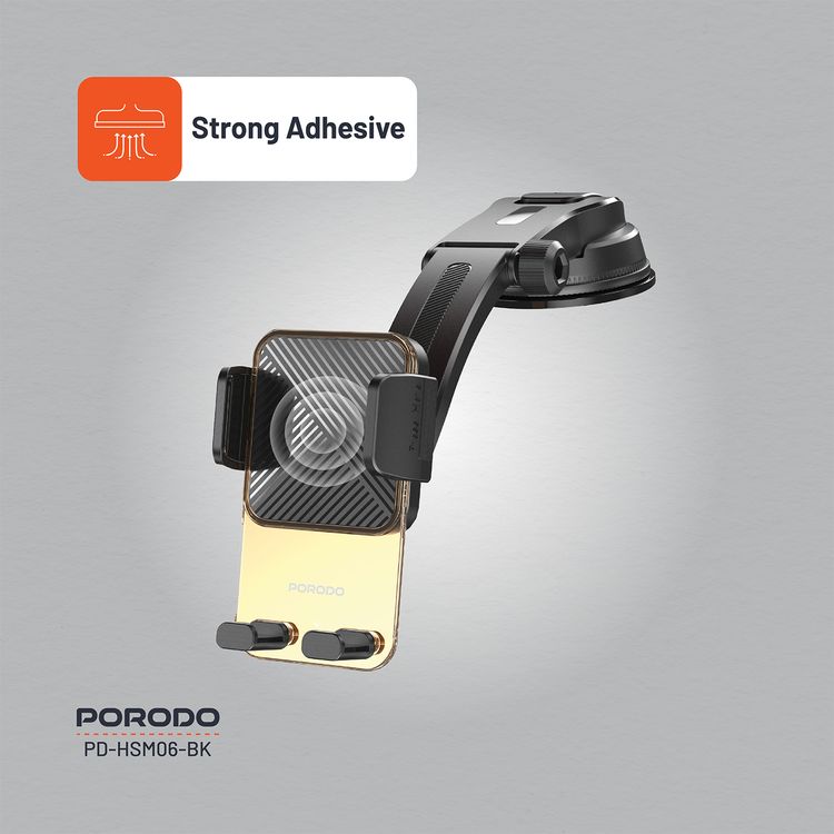 Porodo Crystal Mount with Extended Base, 60-90mm Grip Width, Transparent Design, Strong Adhesive, ABS & Silicone Material - Black