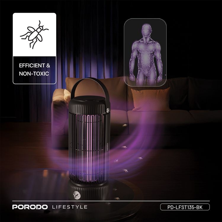 Porodo Lifestyle Portable Mosquito Zapper with Built-in UV LED Lamp, Up to 4 Hours Working Time, 2000mAh Battery Capacity, Efficient & Non-Toxic, 4.5W Rated Power - Black