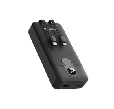 Porodo 20000mAh Power Bank with Built-in Type-C & Lightning Cables, 22.5W Power Delivery, Simultaneous Charging, 0%-60% Charge in 35 Minutes, Digital Display - Black