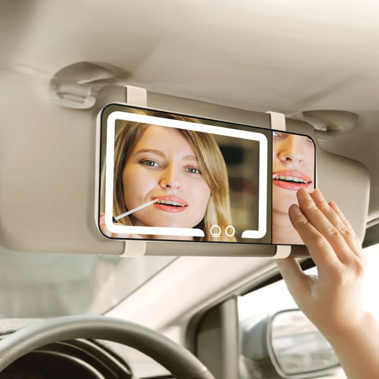 Porodo Lifestyle Shinevibe LED Car Makeup Mirror with Adjustable Brightness, ABS Material, Elastic Band, Cool & Natural & Warm Light Modes, Type-C Charging Port, 2-3 Hours Charging Time, 600mAh Battery Capacity, 5 Hours Working Time, Easy Installation, Touch Control - Cream