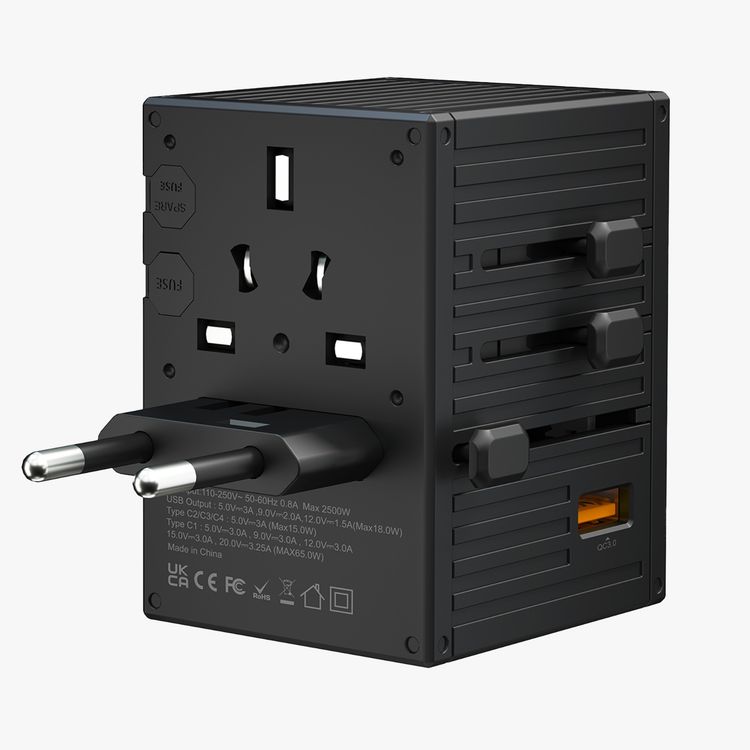 Porodo Travel Universal Charger, Dual Fuse, PD 65W, 4 USB-C & 1 USB-A  Ports, UK, EU, US & AU Supported Plugs, GaN Technology - Black