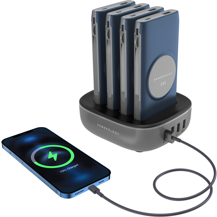 Powerology 4-in-1 10000mAh Power Bank Station with Built-in Lightning/Type-C Cable, 20W Power Delivery, 15W Maximum Wireless Output, UK 3-Pin Power Plug - Blue