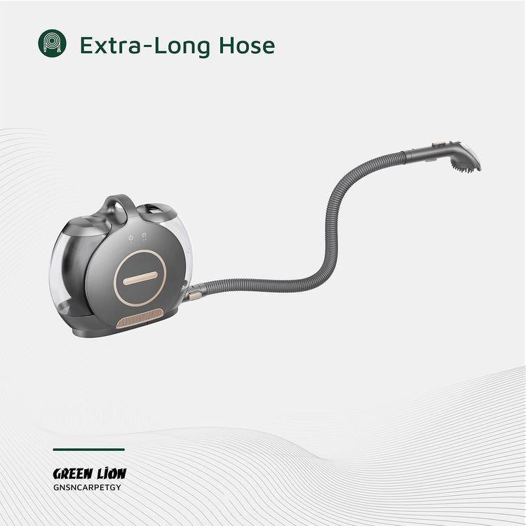 منظف ​​سجاد الحلزون الأخضر الأسد مع وظيفة وضع الحرارة، قوة شفط 13 كيلو باسكال، سعة مياه نظيفة 2 لتر، سعة مياه متسخة 1.4 لتر، طول السلك 5 أمتار، قابس طاقة في المملكة المتحدة، خرطوم مرن 1.5 متر، مقاوم للماء - رمادي