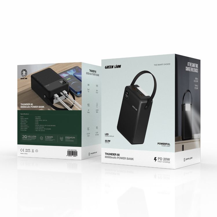 Green Lion Thunder 80 Power Bank with 80000mAh Battery Capacity, Flashlight, PD 20W, QC 22.5W, x4 USB-A & Lightning & Micro & USB-C Ports, LED Digital Display - Black