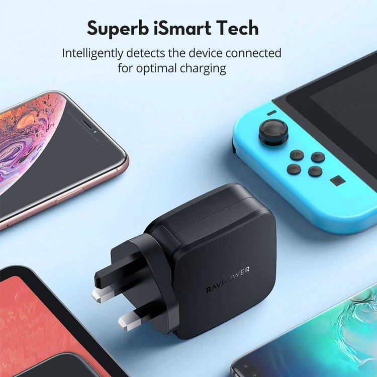 RAVPower 4-Port Prime Wall Charger 40W w/ Multiple Protection & iSmart Technology - Travel-friendly Portable Power Adapter - Compact Size Foldable Plug for Home & Business - Black