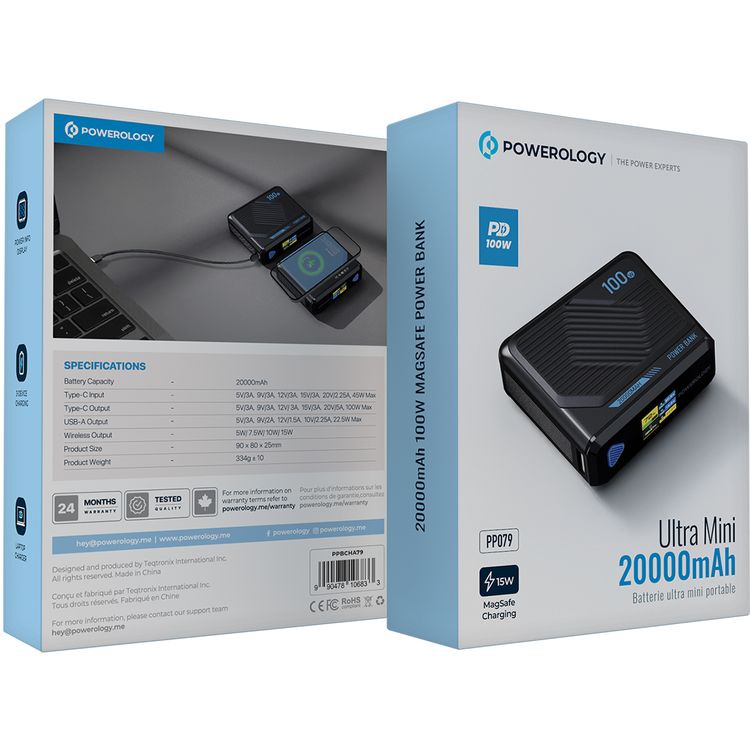 Powerology Ultra Mini 20000mAh Power Bank with Simultaneous Charging, Power Info Display, 100W Power Delivery, 15W Wireless Charging - Black