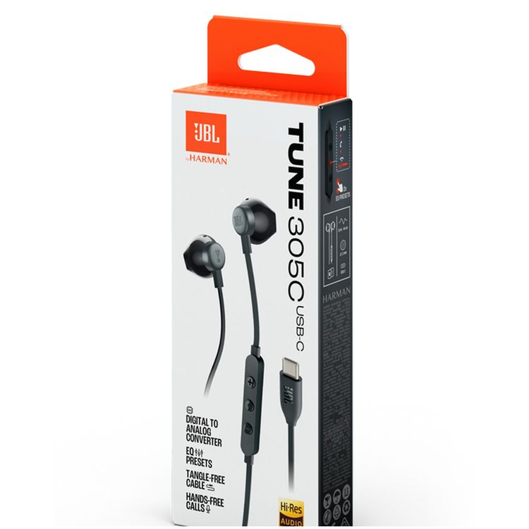 سماعات JBL Tune 305C USB-C سلكية داخل الأذن عالية الدقة، متوافقة مع أجهزة USB-C، محول رقمي إلى تناظري، إعدادات مسبقة للمعادل
