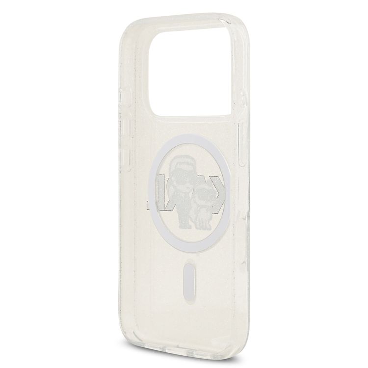 غطاء كارل لاغرفيلد MagSafe IML بلمعة مع رؤوس كارل وشوبيت لهاتف آيفون 17 برو، حماية من السقوط، تصميم نحيف ووزن خفيف، سهل التركيب، قبضة مريحة، تغليف مستدام - شفاف