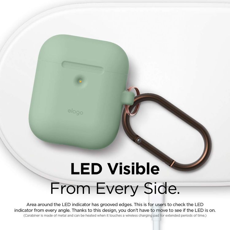 Elago Silicone Case with Anti-Lost Keychain Compatible with Apple AirPods 1/2 Wireless Charging Case, Front LED Visible, Anti-Slip Coating Inside, Premium Silicone - Pastel Green