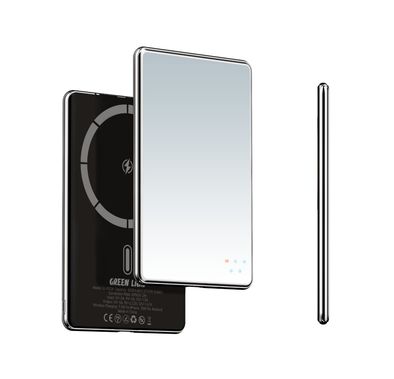 Green Lion Mirror Design 5000mAh Power Bank with LED Indicator, Type-C Port, 20W Power Delivery, 15W Wireless Output, Aluminum & Glass Material, Ultra-Thin & Ultra-Light Design, Fast Charge - Black