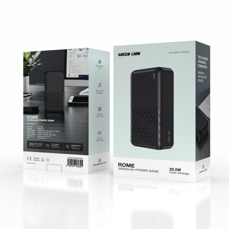 بنك طاقة جرين ليون روما بسعة 30000 مللي أمبير، حماية من الدائرة القصيرة، توصيل طاقة 20 واط، منافذ USB-A وType-C، مدخل Type-C وMicro - اللون أسود.