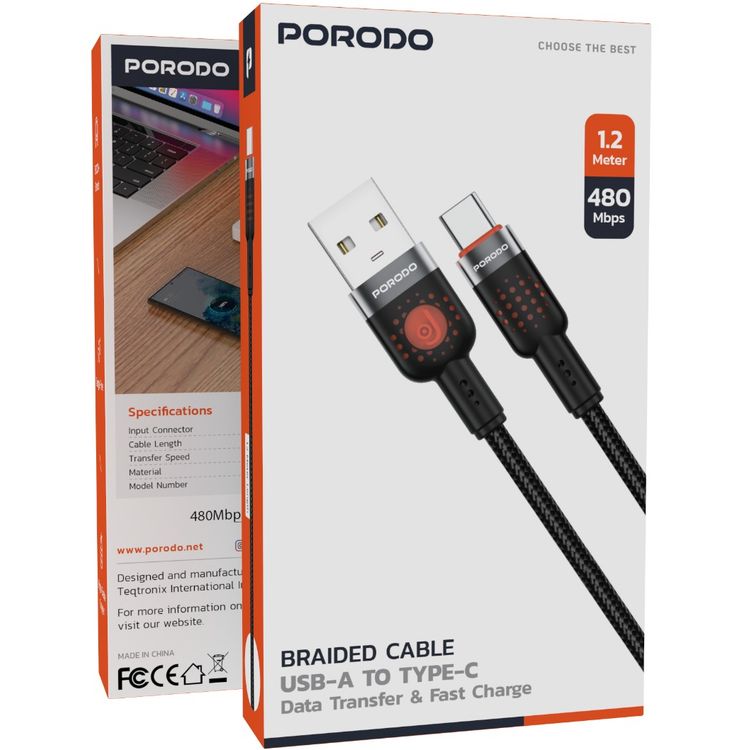 Porodo Braided USB-A to Type-C Cable with 480Mbps Transfer Speed, 1.2m Cable Length, More than 15,000 Bends Lifespan, Tangle-Free Design - Black