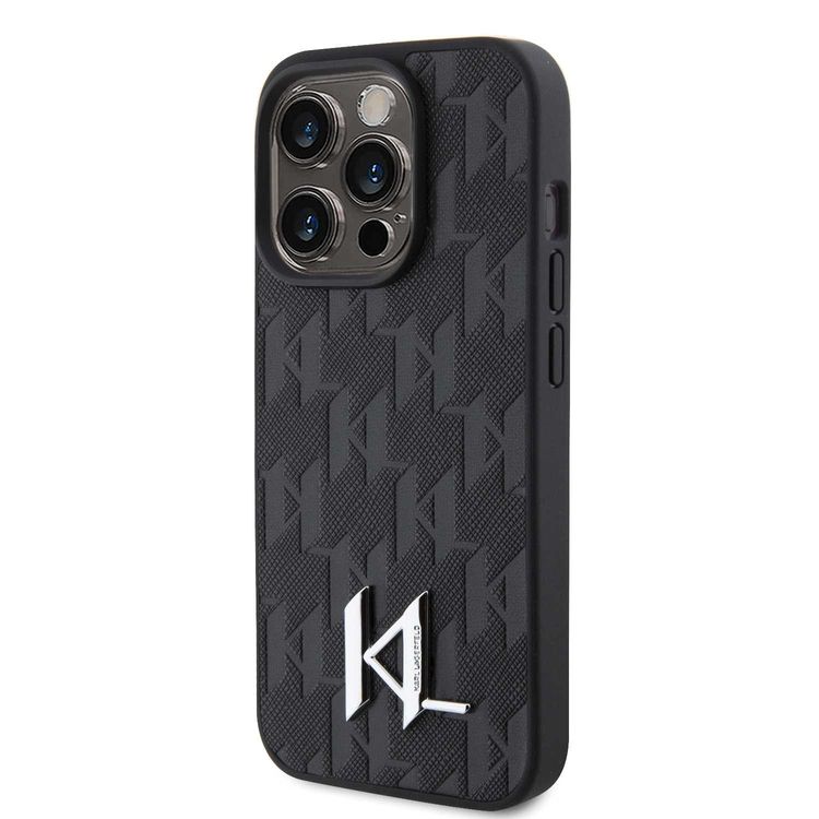 Karl Lagerfeld Hot Stamp Hard Case with Monogram KL Metal Logo for iPhone 15 Pro Max - Black