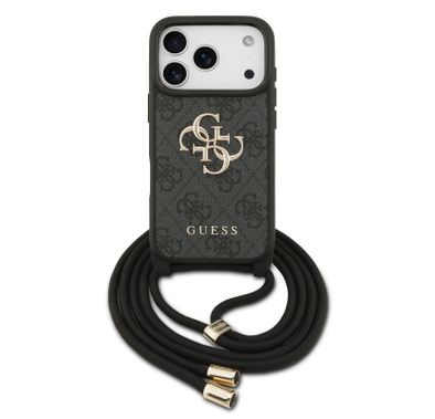 غطاء Guess 4G من الجلد الصناعي بشعار كبير 4G وحبل للارتداء المتقاطع لجهاز iPhone 17 Pro Max، حماية من السقوط، تصميم نحيف وخفيف الوزن، تركيب سهل، قبضة مريحة، تغليف مستدام - أسود