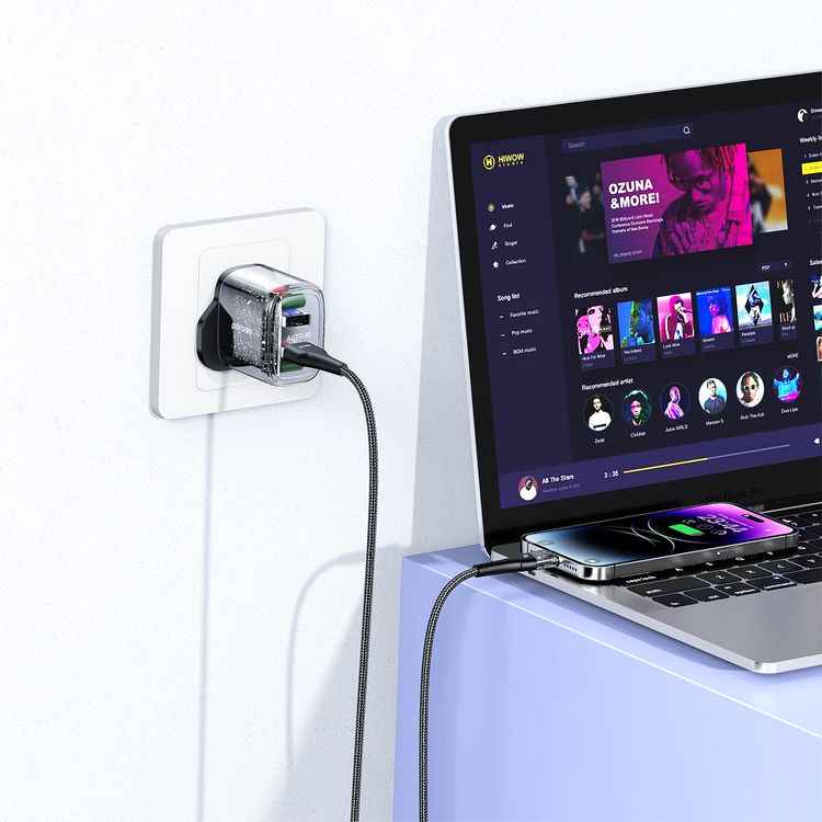 Porodo Dual Output Transparent Charger with 1.2m USB-A to Type-C Cable, 2.4A Auto-ID Technology, 12W Total Output, UK 3-Pin Plug, Simultaneous Charging, Universal Compatibility, Dual USB-A Outputs - Black