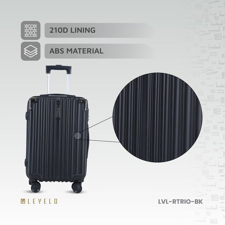 Levelo 3-Set ABS Luggage with Built-in Weighing Scale, Combination Lock, Iron Trolley, Double Wheels, Impact-Resistant Corners & Shock-Resistant, PP & Soft Rubber Handle - Black