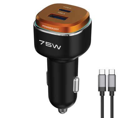 Powerology 75W Dual-Port High-Power Car Charger with USB-C to USB-C Cable, USB-C & USB-A Ports, 75W Total Output, 45W Power Delivery, LED Ambient Light, Fast Charge, Zinc Alloy with Oil Painting Finish Material - Black / Orange