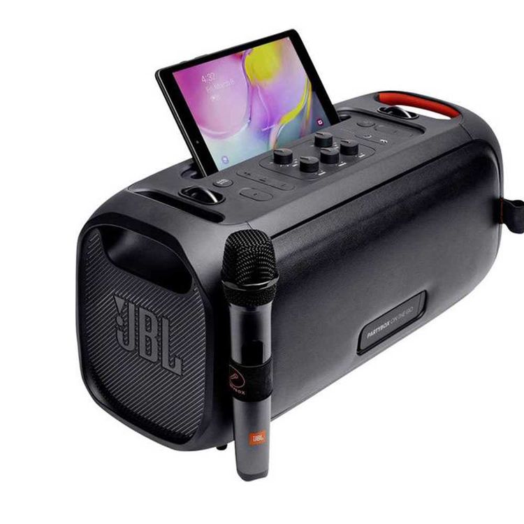 JBL Partybox On-The-GO Portable Party Bluetooth Speaker with Wireless Mic, IPX4 Splash Proof, Plug-n-Play Mic & Instrument Inputs, Bluetooth Streaming - Black