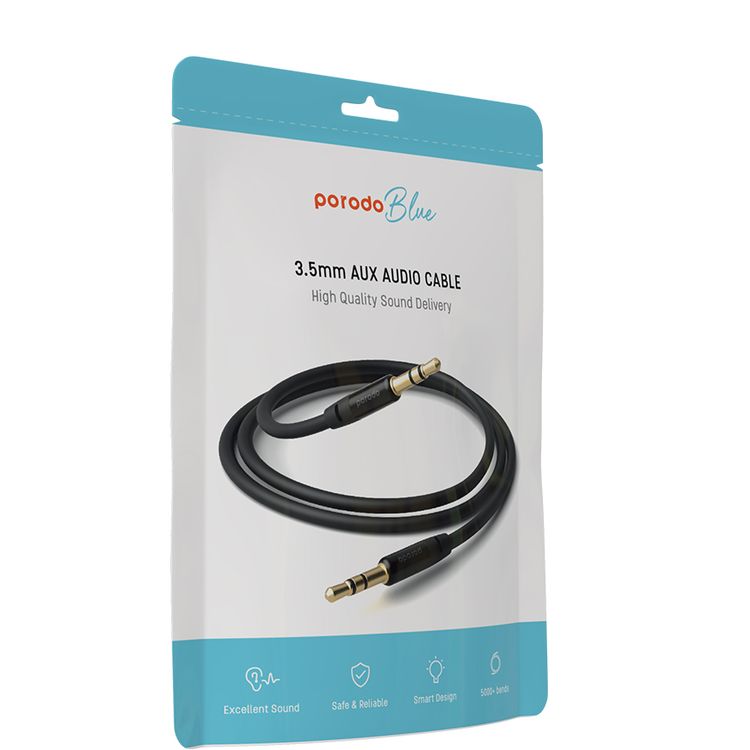 Porodo Blue AUX to AUX Cable with 1.2m/4ft Length, 2.4A, TPE and PVC, Excellent Sound, Safe & Reliable - Black