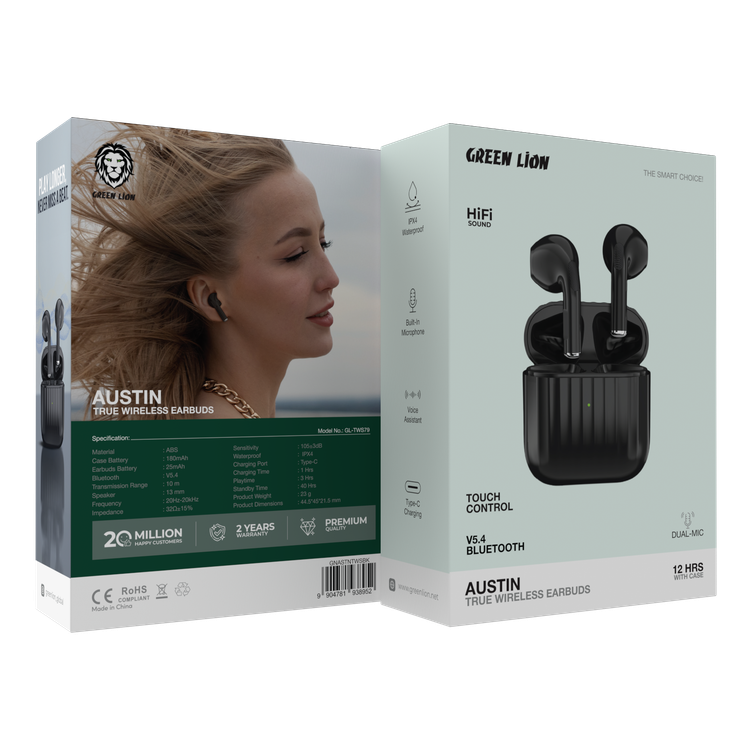 Green Lion Austin True Wireless Earbuds with Built-in Microphone, HiFi Sound, Dual-Mic, Touch Control, Voice Assistant, Type-C Charging, 3 Hours Playtime - Black