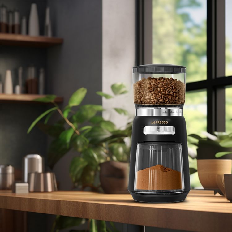 LePresso High Performance Coffee Bean Grinder with User-Friendly Design, 150W Power, Durable ABS Material, 210g Bean Box Capacity, 120g  Powder Cup Capacity - Black