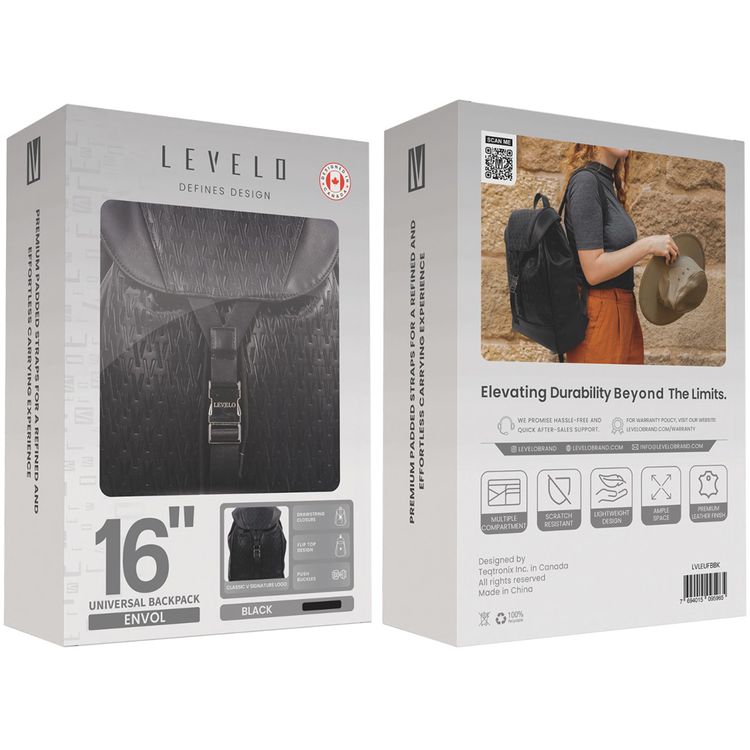 Levelo Envol Universal Fashion Backpack with Premium Leather Material, Scratch Resistant, Lightweight Design, Push Buckles, Drawstring Closure, Multiple Compartments - Black