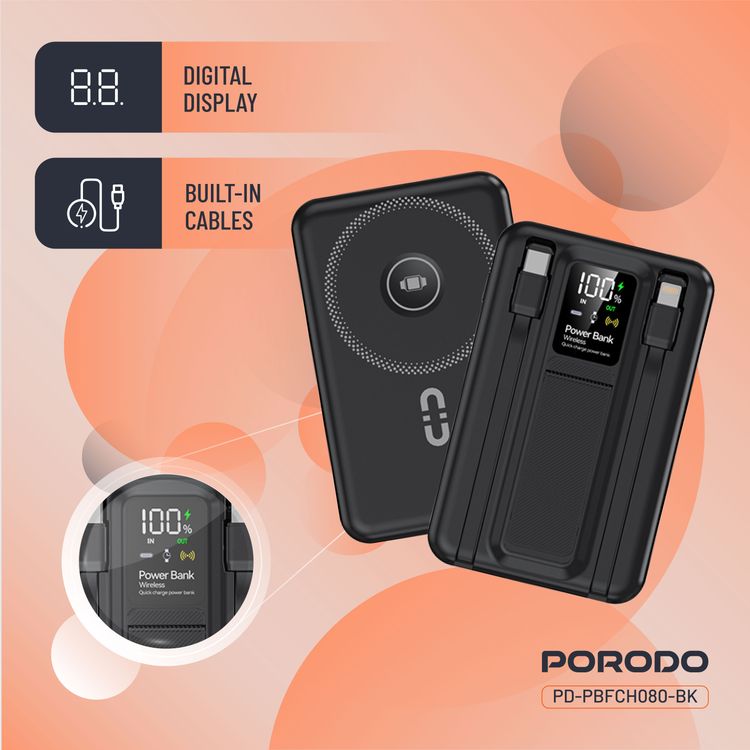 بورودو بنك طاقة لاسلكي مغناطيسي بسعة 10000 مللي أمبير مع حامل كابل مدمج USB-C + Lightning، شحن متزامن، عرض رقمي، PD 22.5W - أسود