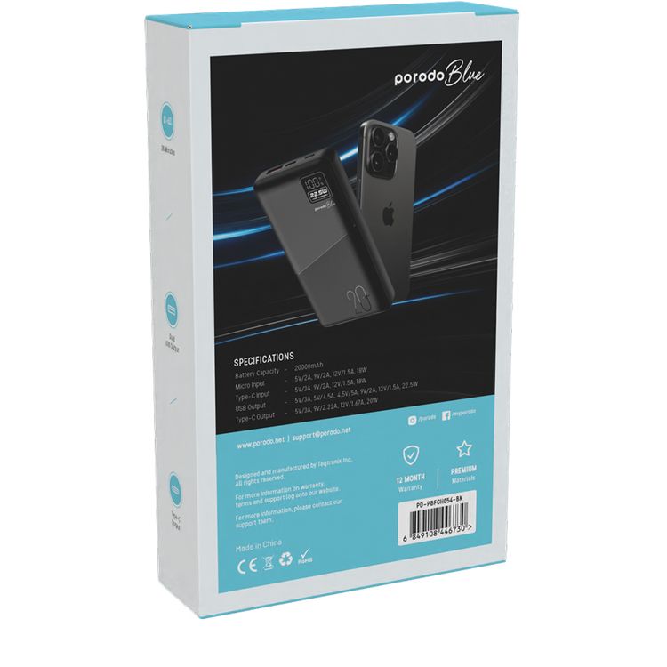 باوردو بلو باور بانك للشحن السريع مع مخرج USB-A وUSB-C، سعة بطارية 20000 مللي أمبير في الساعة، شاشة رقمية، توصيل طاقة 20 وات - أسود