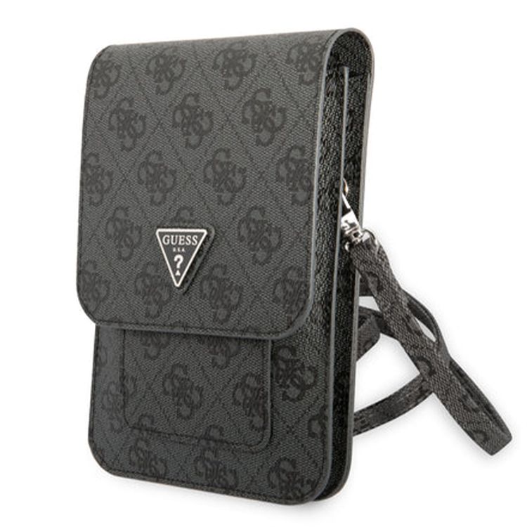 Guess 4G Wallet with Triangle Logo, High-Quality PU Leather Material, Ample Space, Card Slots, Shoulder Strap, Magnetic Snap Closure - Black