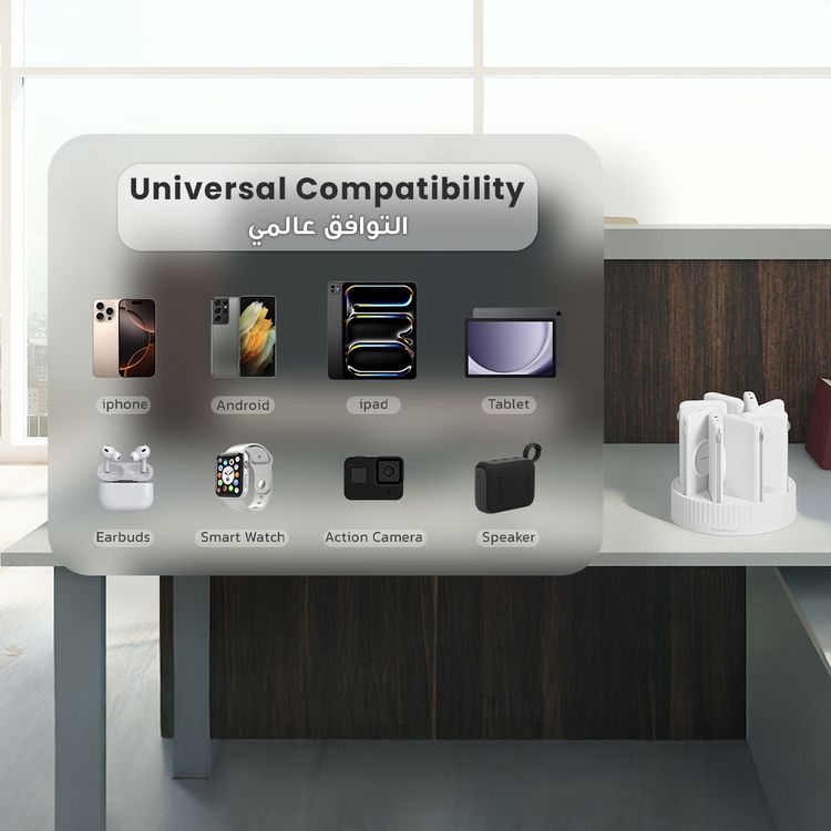 باور لولوجي 8 في 1 بنوك طاقة وقاعدة شحن مع 8 بطاريات بسعة 10000 مللي أمبير/ساعة، ومنفذي إخراج USB-C وUSB-A، وكابلات Lightning وType-C مدمجة، وشحن سريع، وشحن لاسلكي - أبيض