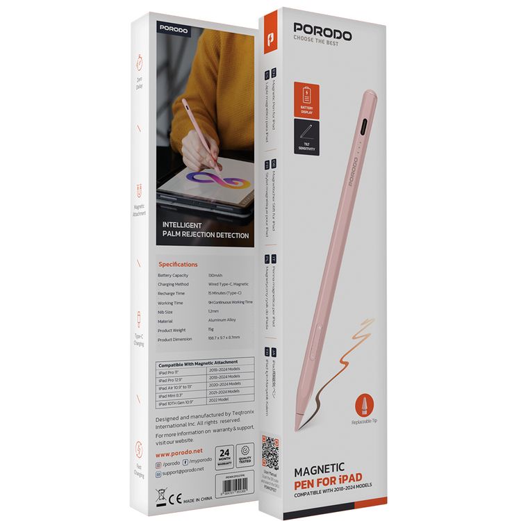 قلم Porodo مغناطيسي لأجهزة iPad، مقاس ريشة 1.2 مم، وقت عمل مستمر يصل إلى 9 ساعات، مصنوع من سبيكة الألومنيوم، منفذ شحن USB-C، بطارية 130 مللي أمبير في الساعة، متوافق مع موديلات iPad من 2018 إلى 2024، بدون تأخير، شحن سريع - وردي