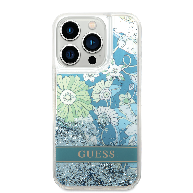 Guess Liquid Glitter Case with Flower Pattern Extra Shine Smooth Touch Feel iPhone 14 Pro Max Compatibility - Green