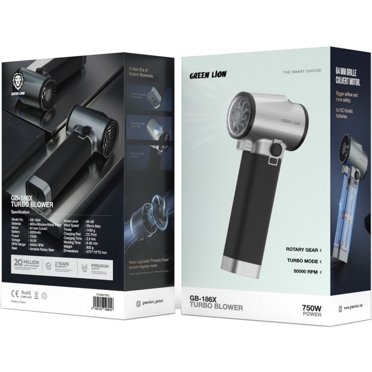 Green Lion GB-186X Turbo Blower with 4000mAh Battery Capacity, 2.5 Hours Charging Time, 6-80 Minutes Working Time, DC Charging Port, ABS, Silicone & Metal Paint Material - Silver