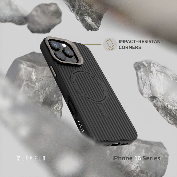 Levelo Livia Case for iPhone 16 Pro with MagSafe Compatibility, Impact-Resistant Corners, Built-in Kickstand, TPU with Silicone Surface, Metal Camera Ring - Black