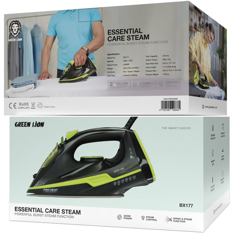 Green Lion Essential Care Steam Iron with ABS & PBT Material,  470mL Tank Capacity, Dry, Spray & Steam Functions, 1.7m Cable Length, UK Power Plug - Green / Black