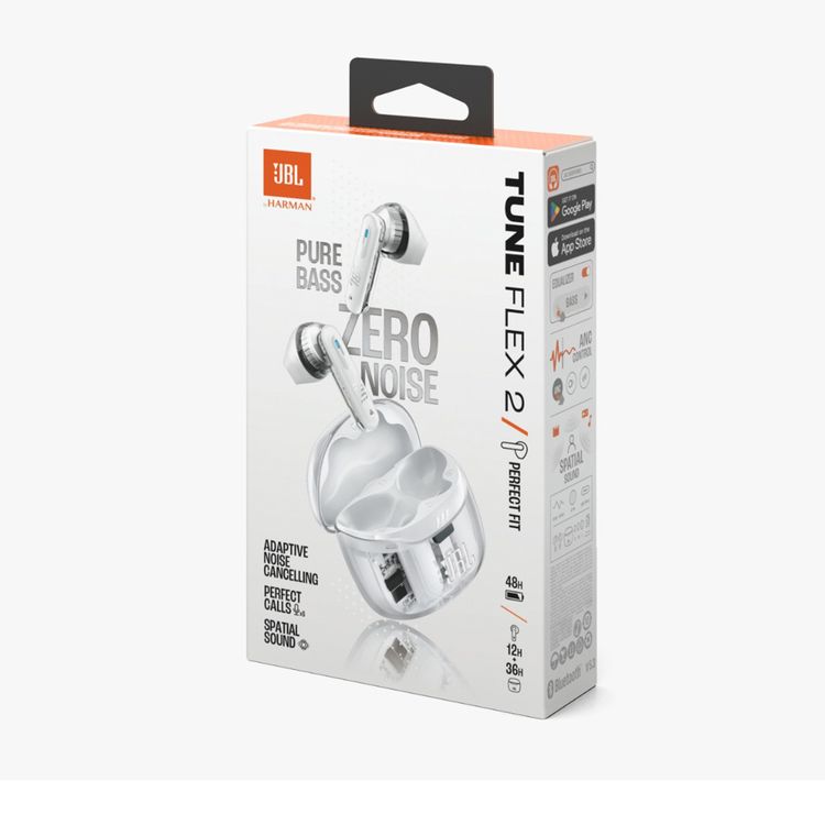 JBL Tune Flex 2 Earbuds with JBL Pure Bass sound, JBL Headphones App, 48 Hours Battery Life, 2 Hours Charging Time - Ghost White