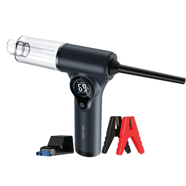 Green Lion Ignitor 12V Jump Starter with Blower, Vacuum & Power Bank Functions, ABS Material, 140W Power, 70000RPM Range, Detachable & Washable Nozzles, Digital Display - Gray