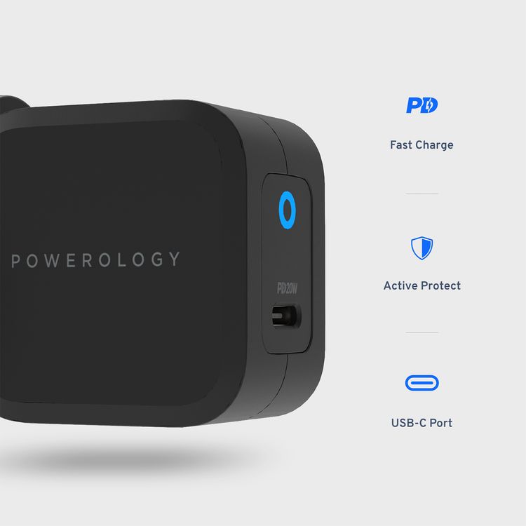 Powerology Ultra-Compact GaN Charger with 20W Power Delivery, UK 3-Pin Plug, Built-in Safeguards, USB-C Fast Charging, 0%-60% Charge in 35 Minutes - Black