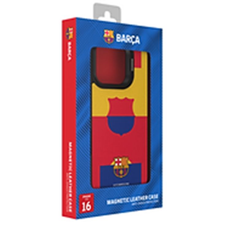 FC Barcelona Magnetic Case for iPhone 15 Pro Max, Premium Synthetic Leather, MagSafe Compatible, Built-in Ring Kickstand, Strong Neodymium Magnets, Shock Absorption - Multicolor Field