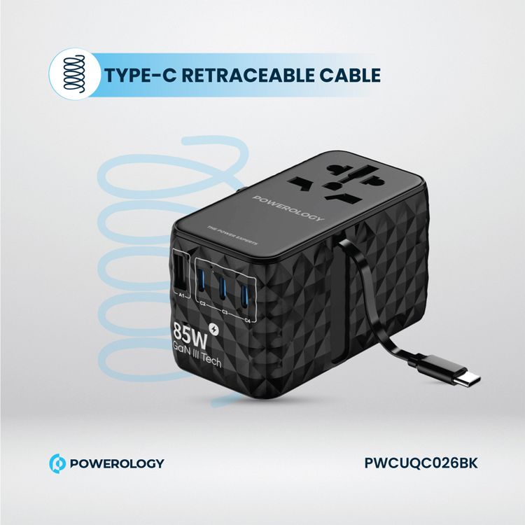 Powerology Universal 85W Super Charger with Retractable Type-C Cable, 70W Power Delivery, GaN Technology, Simultaneous Charging, Spare Fuse Included - Black