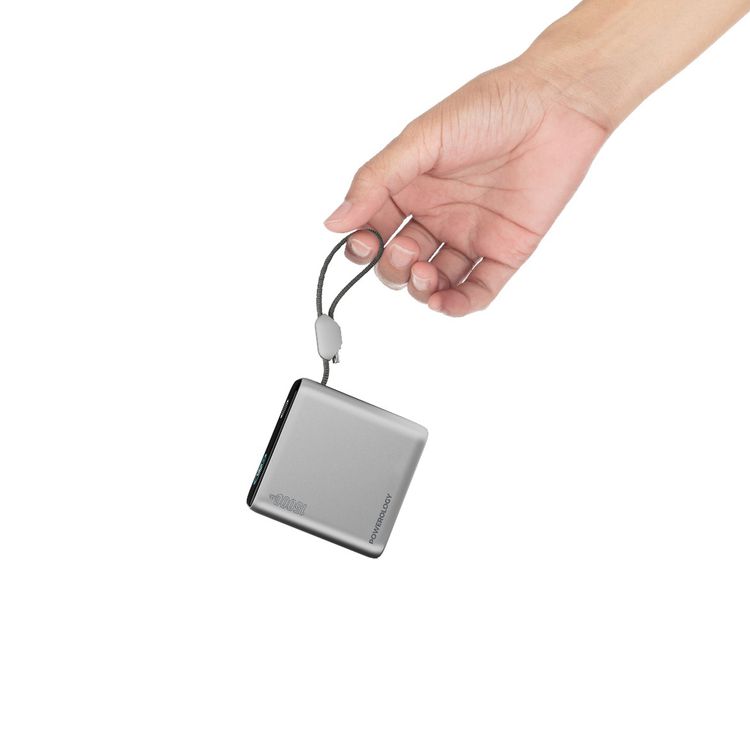 Powerology 15000mAh Mini Power Bank with Multiple Charging Ports, Universal Compatibility, Advanced Safety Features, Smart TFT Display, Built-in USB-C Cable - Gray