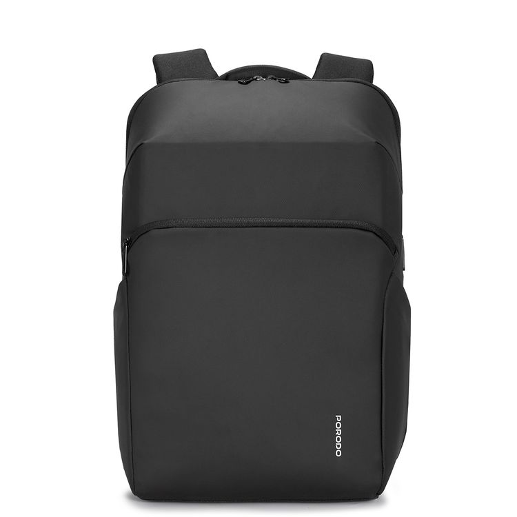 Porodo Lifestyle Water-Resistant PU Backpack with Trolley Sleeve Design, Space-Saving Compression, Dual Padded Laptop Slots, Type-C Charging Port - Black 