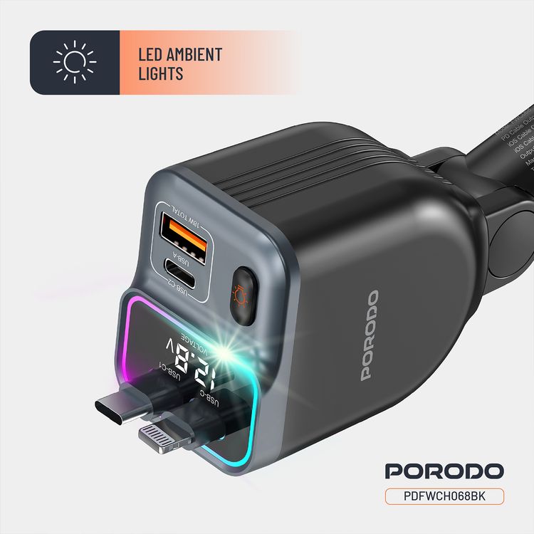 Porodo 65W Car Charger with Dual Retractable Cables, Real-Time Voltage Display, Type-C & Lightning Cable Types, USB-A & USB-C Ports, Universal  Compatibility - Black