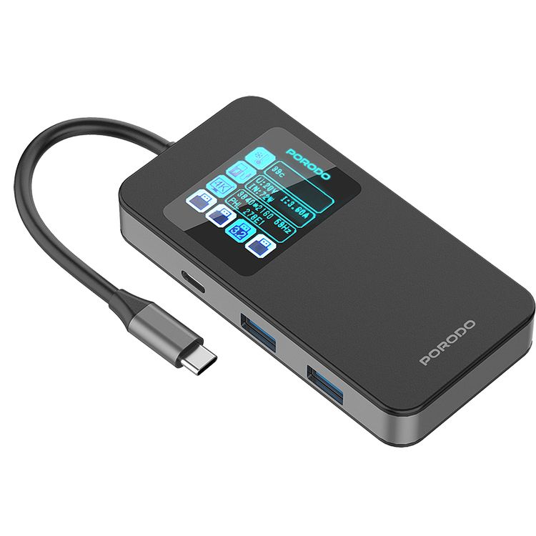 Porodo 6-in-1 Multi-Port USB-C Hub with Smart Digital Display, 150mm Cable Length, 4K@60Hz HDMI Output, 100W Power Delivery, High-Speed Data Transfer, Plug & Play Operation - Gray